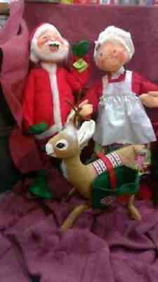 AnnaLee 1971/65 Lrg Mr & Mrs Santa Claus w/ stands Reindeer Mobiltee Vntg EUC