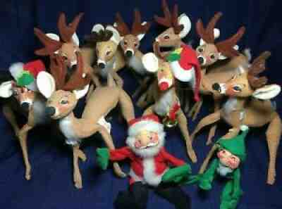 Annalee Mobilitee Dolls, 9 Reindeer, Santa and an Elf, 11 total, Posable VINTAGE