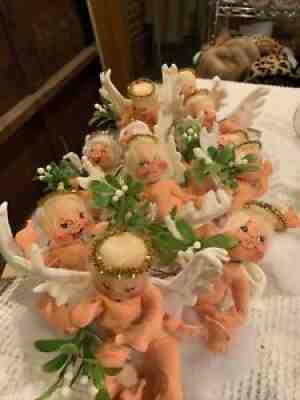 Set Of 11 Handmade Posable Vintage Collectable Annalee Christmas Cherubs On Clou