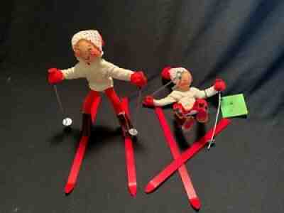 Pair of Vintage 1957 1983 Annalee Mobilitee Snow Skier Dolls with Wood Skis 11"