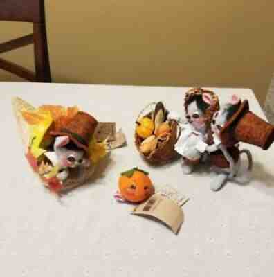Vintage 1995 Annalee Thanksgiving Pilgrim Mouse Doll Lot, pumpkin, cornucopia