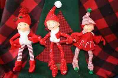 3 ANNALEE MOBILTEE CHRISTMAS 8" ELVES RED CANDY CANE RED SNOWFLAKE RED LEGGINGS