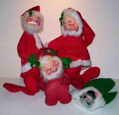 4 VINTAGE ANNALEE CHRISTMAS DOLLS TALL SANTA & MRS CLAUS MOUSE ELF 60'S 70'SÂ 
