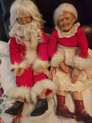 Vintage Mr & Mrs Santa Claus Dolls hand made porcelain face hands boots