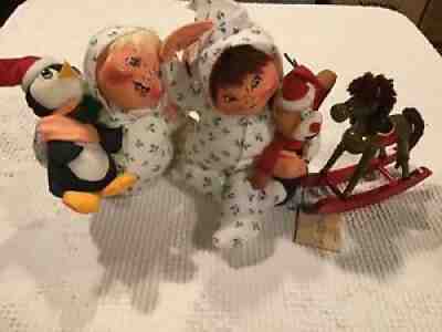 Vintage Annalee Mobilitee Dolls Inc. w/ Penguin/Deer Holiday PJ's Rocking Horse