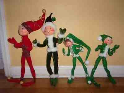 vntg Annalee lot of 4 large size elf elves Harlequin green velvet snowflake VGUC