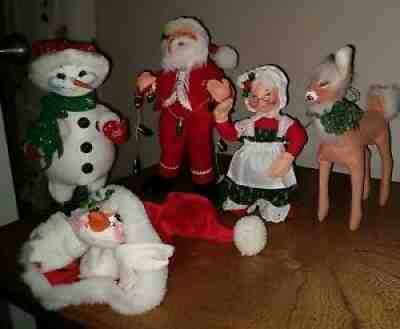 5 Vintage ANNALEE Dolls Mr & Mrs Santa Claus ~ Snowman ~ Deer ~ Goose