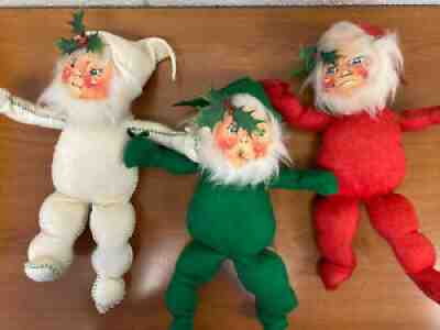 Vintage Annalee Christmas Elf Elves Dolls, Set of 3, Pose-able, Tag Marked 1965