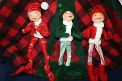 3 ANNALEE MOBILTEE CHRISTMAS 14" ELVES - RED SNOWFLAKE, RED, GREEN LEGGINGS