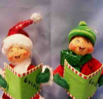 Annalee Ornament Pair Sparkly Christmas Caroling 7" Kids Santa Caps MIP NOS 2008