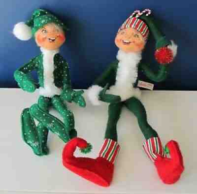 2 Annalee Poseable Christmas Elf Elves 18â? & 14â? Candy Stripes Snowflakes