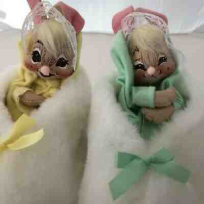 2 Vintage 1992 Annalee Bunny Fuzzy Slipper Dolls Easter Rabbit Pink Ear Handmade