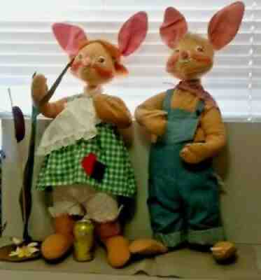 HUGE 35" Annalee Spring/Easter Bunny/Rabbit Boy/Girl + 26" Country Cattail~Lily