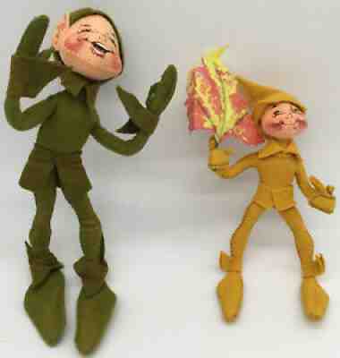 (2) Vtg Annalee Doll 7â? Fall Elf Autumn Leaf & 1989 10â? Moss Green Elf Rare HTF!