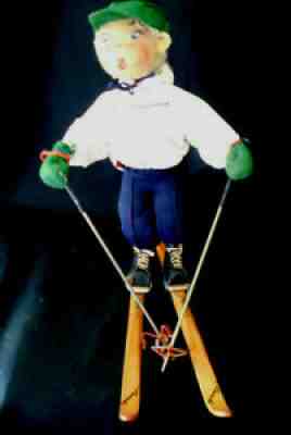 Old Annalee Human Boy Doll with Skis Poles Blonde Hair Hat Ski Boots 9 3/4 Inch