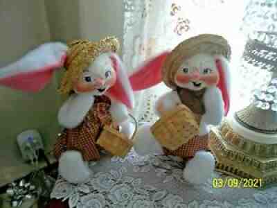 Annalee 12" Easter COUNTRY Boy & Girl Bunny Rabbit Figures ~ W/ TAGS ~ 1990'S ?