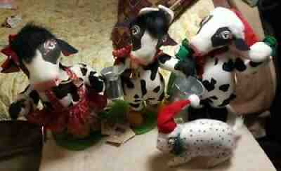 3 Vintage Annalee Doll Large 12" Cow Howie Holstein Hanna Farmer Santa Dog lot