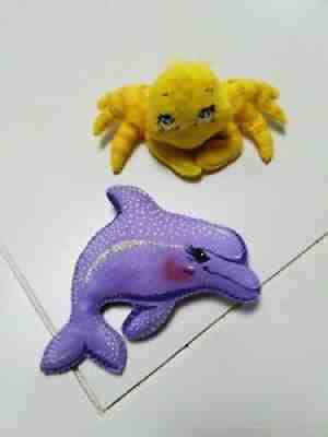 Annalee 2002 4" Yellow Crab and SIGNED 4" Purple Dolphin Pin