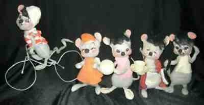5 Vintage 1960s, 70s Annalee Mice Mouse lot bicycle. drinking tea, volleyball