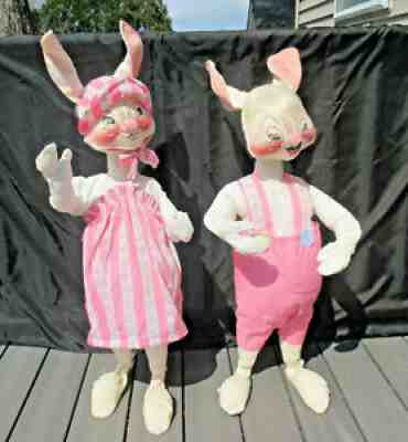 1971 Large 30" Pair Spring Annalee Mobilitee Bunny Rabbits Free Standing Posable