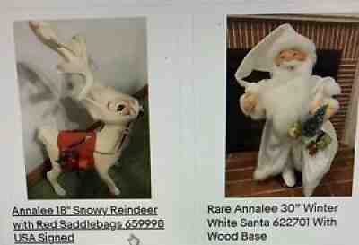 Annalee Lot 30â? Winter White Santa 622701 With Wood Base and 18â? Reindeer Signed