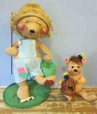 Lot of 2 Annalee Bears - 1986 10" Fishing Bear, 2000 8" Honey Bee Bear