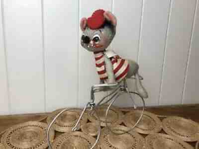 Vintage Annalee Mobilitee Doll Mouse on Bicycle 1965 Valentines Day Christmas