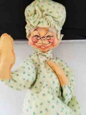 VTG Annalee Poseable Doll Grandma Old Lady Bonnet in Blue Flower Pajamas 21inch