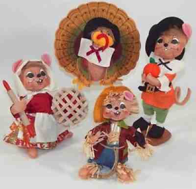 4 ANNALEE DOLLS - Lg Pilgrim Mouse CHERRY PIE CHEF MOUSE Scarecrow Mouse TURKEY