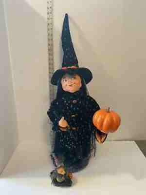 RARE HALLOWEEN ANNALEE 30" WITCH, VELVET COAT, PUMPKIN BUTTONS, LONG HAIR,