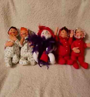 Vintage Annalee Doll Lot (5 Dolls), Two Sets of Twins and a Cat Lady w/Purse