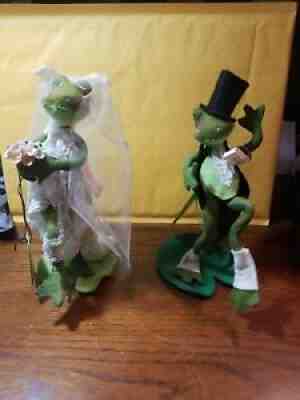 Annalee Groom And Bride Frogs With Tags Bridal Couple 1969 Felt Doll VINTAGE