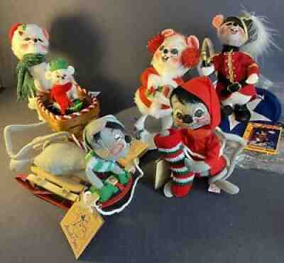 Lot Of 5 Annalee Mice Dolls 7" Ringmaster, 2 Sledding Stocking And Skating