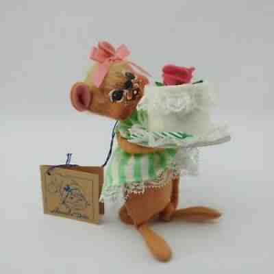 Vintage Annalee 1992 Birthday Girl Mouse Cake 7" with Tag Green Striped Dress