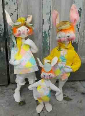 3 Vintage Annalee Mobilitee Country Easter Bunny Boy Girl Child Rabbit 1971 35"