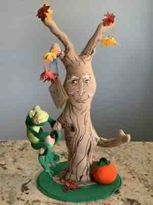 ANNALEE 15" Halloween Haunted Tree (Tan) w Orange Pumpkin and Frog USA