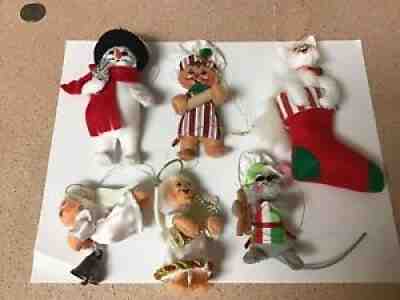 6 ADORABLE ANNALEE FELT CHRISTMAS ORNAMENTS ANGEL COOK SNOWMAN CAT IN SOCK MOUSE