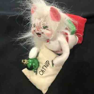 Annalee Cat in Christmas Stocking with Catnip 9" Ornament White Fur Red Velvet