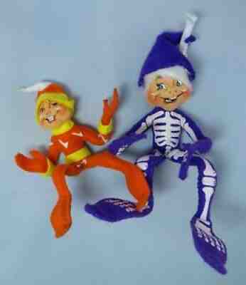 Annalee Halloween Sitting Elves Candy Corn and Purple Skeleton Elf 2009