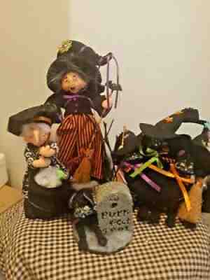4 Halloween Annalee Black Cats & Witches Tombstone LOT Decor 2008 2010 2012