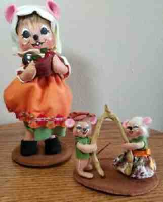 Annalee Fall Thanksgiving Dolls 9 1/2" Girl Pilgrim And 4" Mice With Wishbone