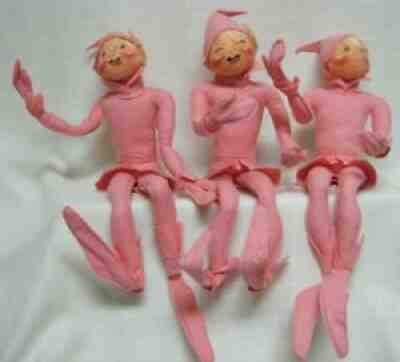 Lot of 3 ANNALEE '90 Pink Elf Dolls, Varied Expressions, Flexible, Tall 28"