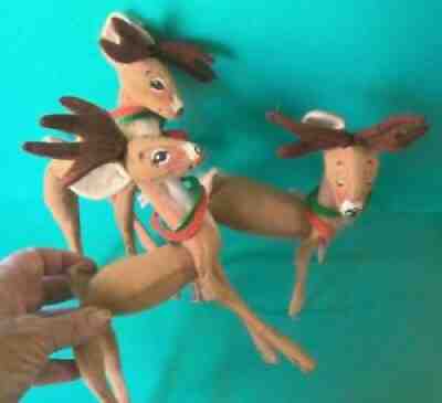 TRIO ANNALEE REINDEER DEER 1986 VINTAGE Christmas Holiday Figures Collars 8 EX 