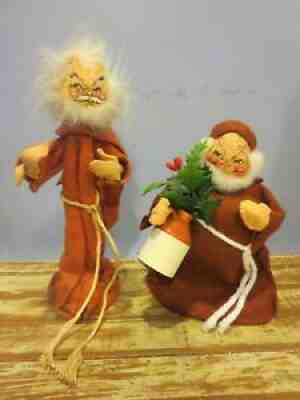 Lot of 2 Vintage Annalee Monk/Friar Dolls Late 60's in robe & 80's w/jug & holly