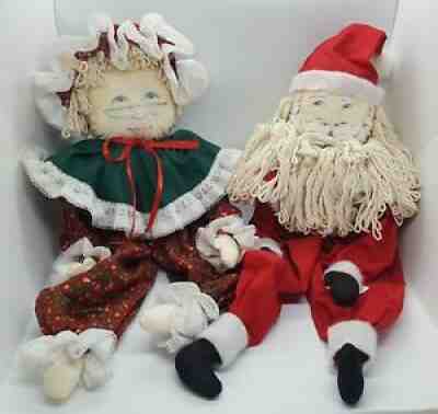 Santa & Mrs. Claus Rag Dolls 80's Vtg Homemade Sitting Set Christmas Retro 10"
