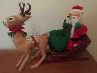 Annalee 18 inch Santa in Sleigh with 18 inch Reindeer and Green Burlap Sack