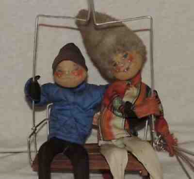 Early Annalee Felt Dolls Boy/Girl on Lift Wood Skis Vintage 1963 Embroidered Tag