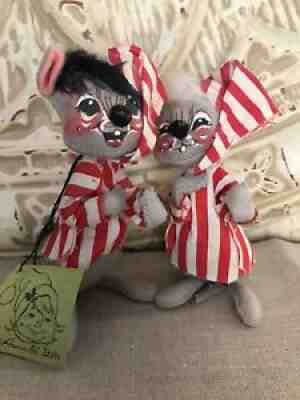 Annalee Pair Of Mice Striped Red Nightshirts and Caps 1971 Christmas Decor