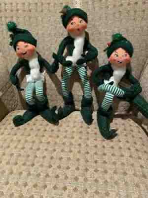 3 piece lot of Annalee dolls -larger size - green 14 inch Christmas Elves ELF
