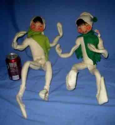Lot 2 LARGE White/Green 21" VTG 1971 Annalee Christmas Gnomes/Pixie Elf Posable!